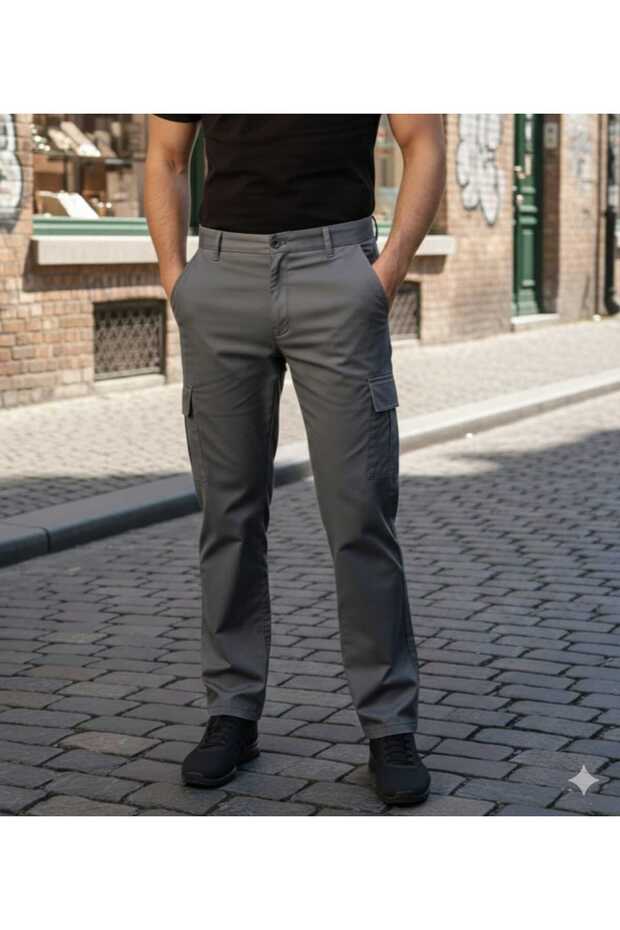 Men's Wide Leg Cargo Pocket Lycra Gray Baggy Trousers