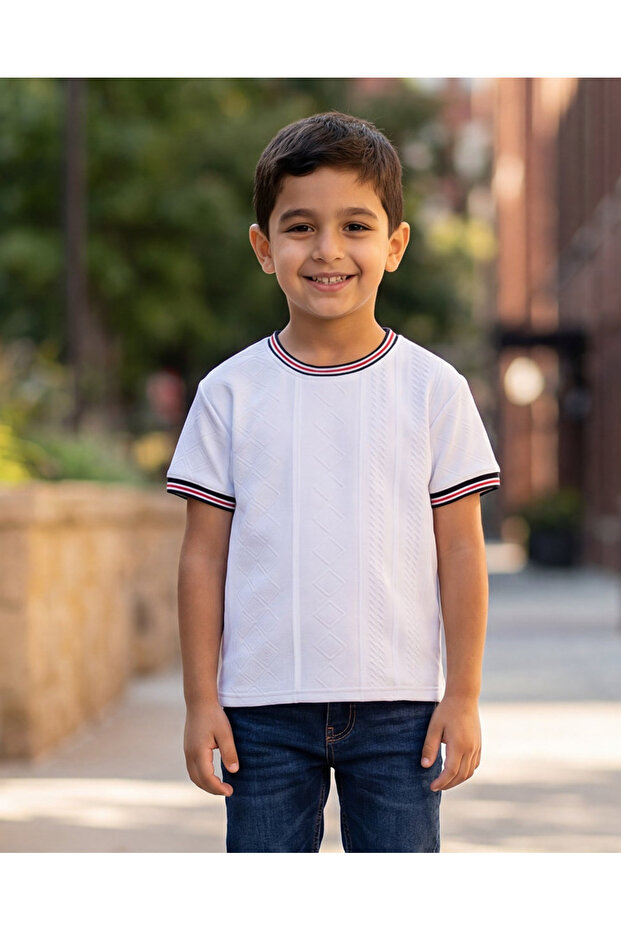 Boys White Jacquard Tee with Multi-Colour Rib