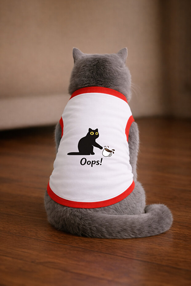 تي شيرت أبيض مطبوع عليه قطط من Oops Cat مقاس S (100% قطن ممشط)