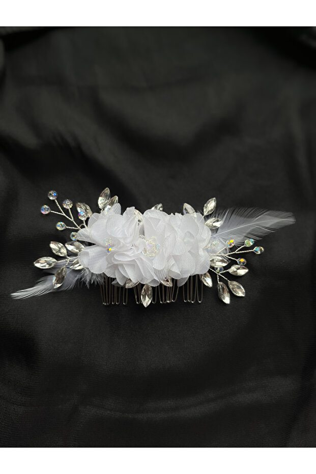 Flower and Feather Detailed Bridal Hair Comb with Crystal Stones Wedding Accessory