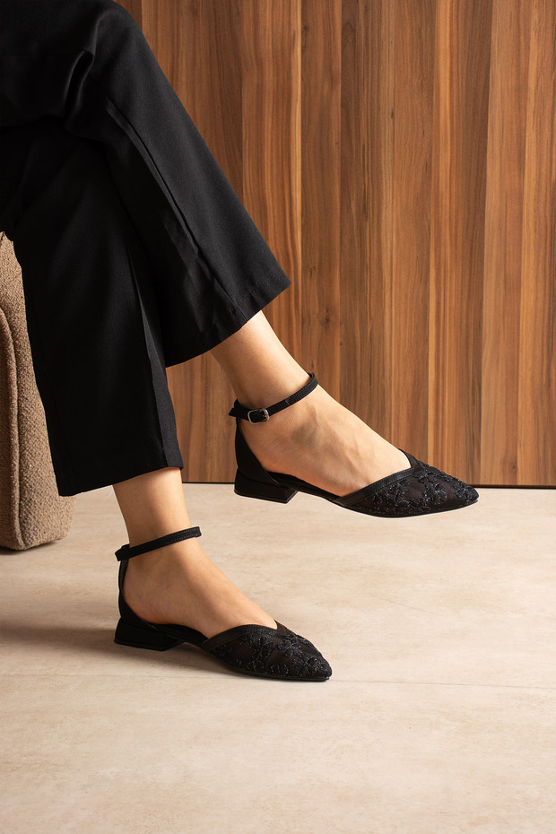Nova Yonca Embroidered Tulle Detailed Ankle-Tie Evening Dress Shoes