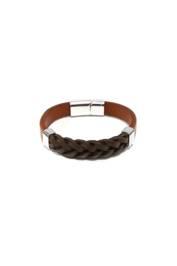 Brown Contrast Braided Genuine Leather Men's Bracelet – with Steel Lock-50-545