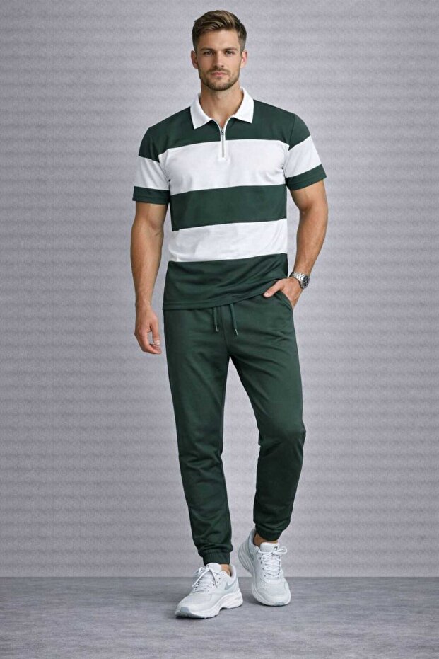 Men's Striped Oversize T-Shirt Half-Zip Elastic Cuffed Sweatpants Set