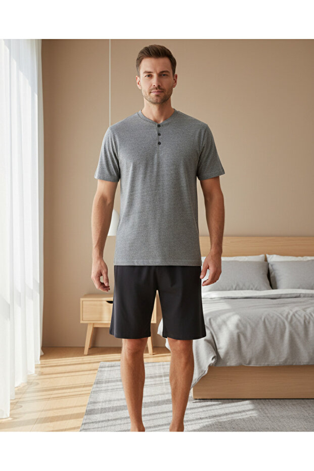 طقم بيجاما رجالي رمادي سادة (قطعتان) - 3