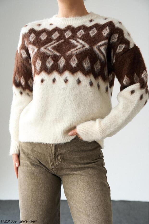 Women's Patterned Crew Neck Knitwear Sweater