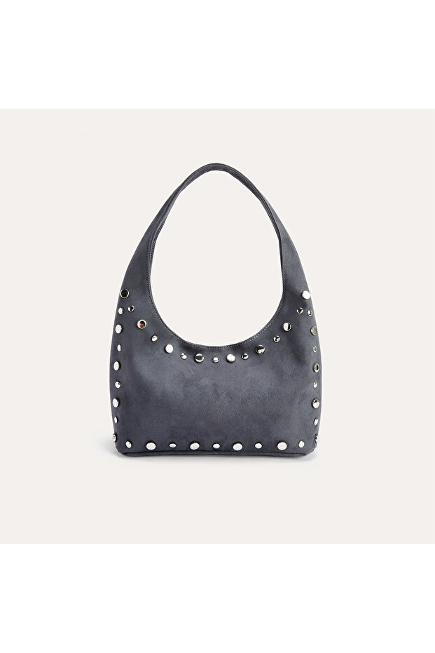 Women's Gray Studded Suede Look Shoulder Bag