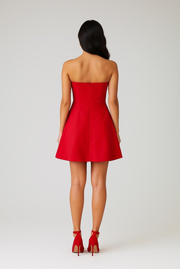 Straplez Kloş Mini Elbise - 4