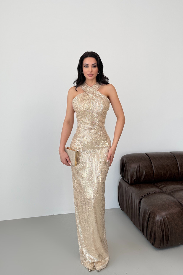 Beige Backless Sequined Long Evening Dress