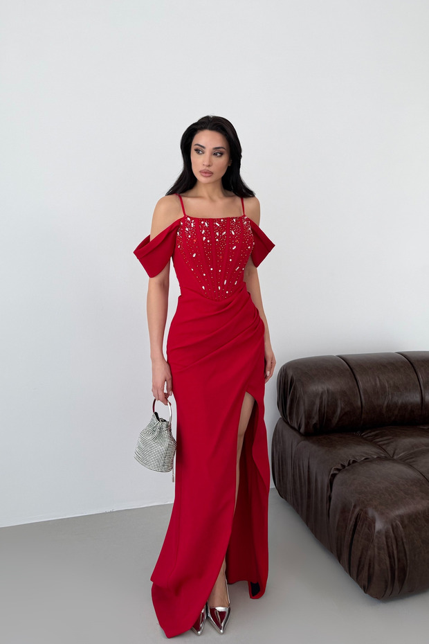 Red Thin Straps Low Sleeve Stone Embellished Evening Dress