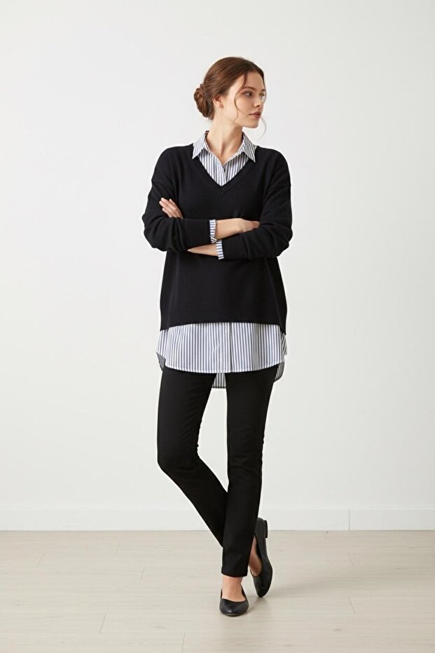 HAMİLE GÖMLEK YAKA ÖRME ÇİZGİLİ TUNİK - 2