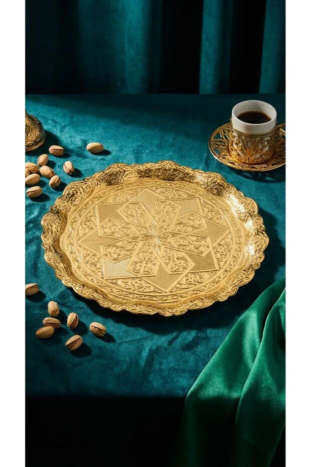 Nare Gold Round Patterned Coffee Presentation Cast Iron Tray 25 cm
