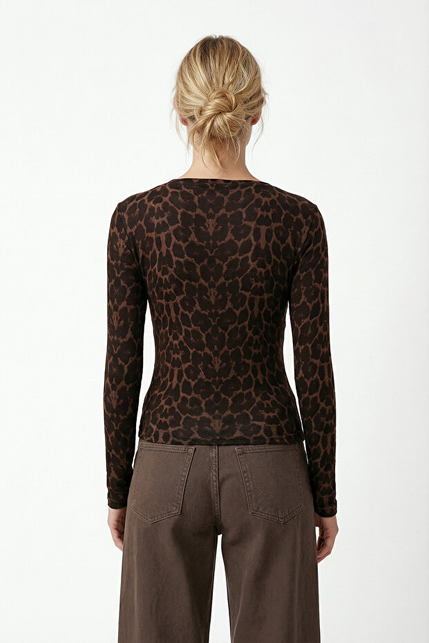 Kadın Sera Leopar Desen U Yaka Örme Bluz - 6