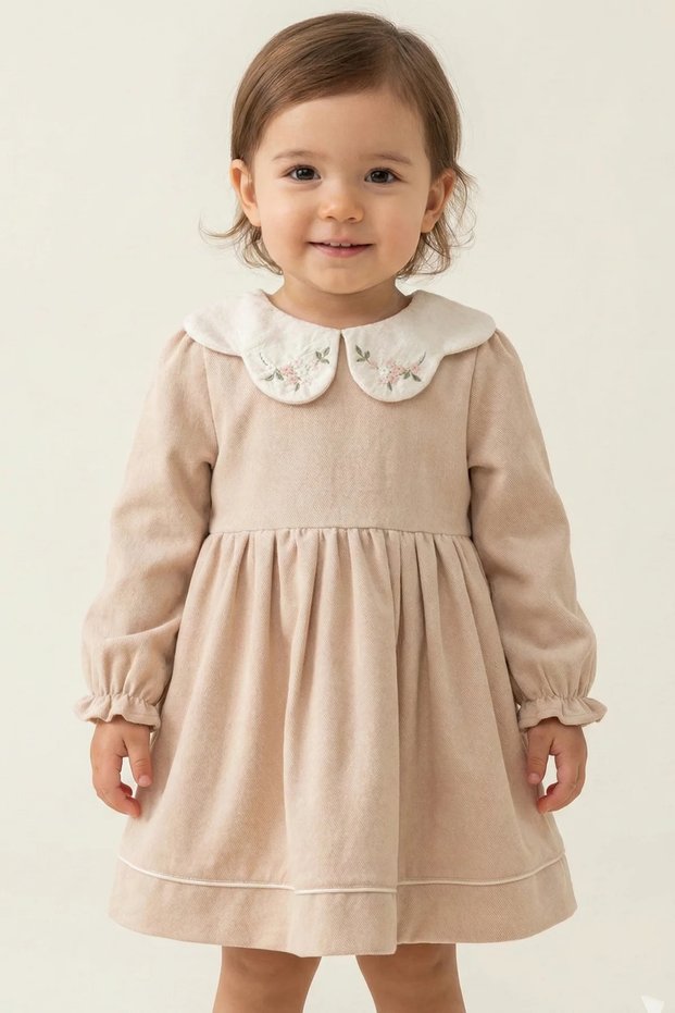 Collared, Embroidered Detail, Elegant Baby Girl Dress