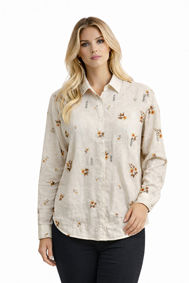 Women's Beige Cream Floral Stone Oversize Shirt