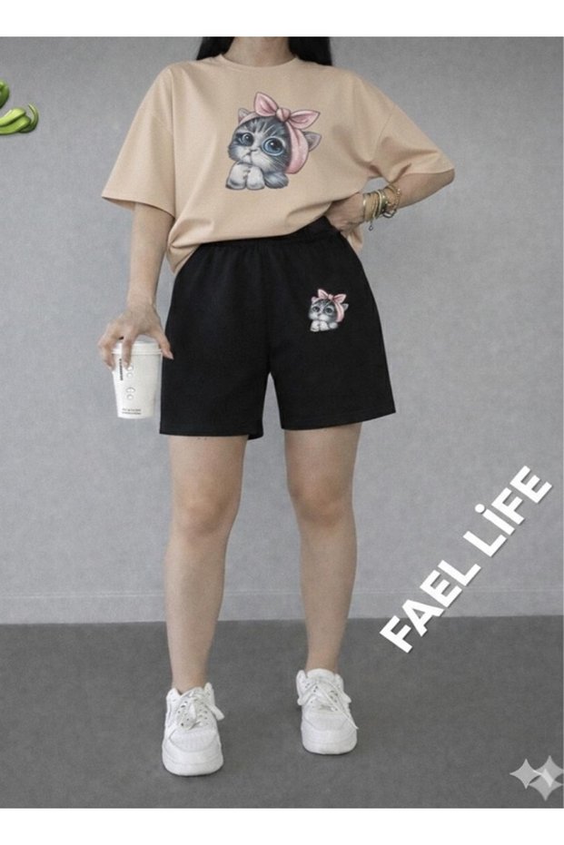 Girls'/Boys' Loose Fit T-Shirt and Shorts Cat Printed Set