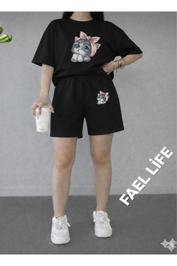 Girls'/Boys' Loose Fit T-Shirt and Shorts Cat Printed Set