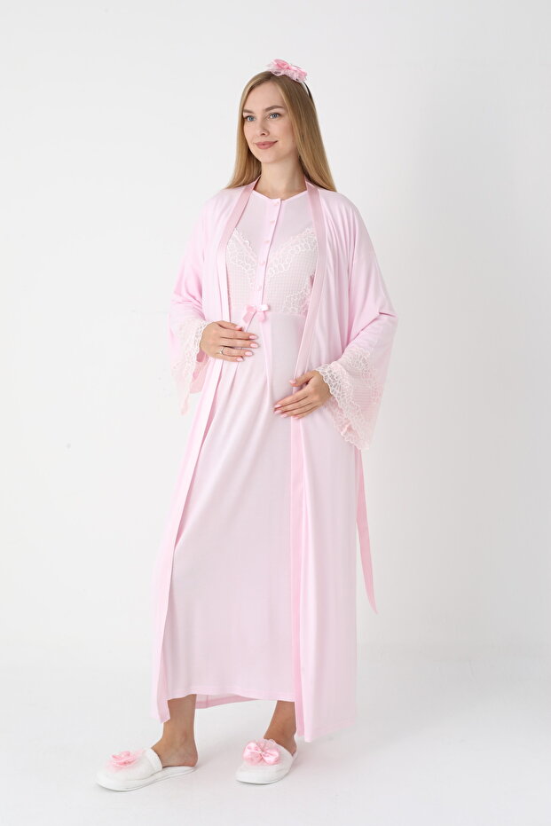 Long Sleeve Maternity Nightgown Set with Lace Detail, Suitable for Breastfeeding