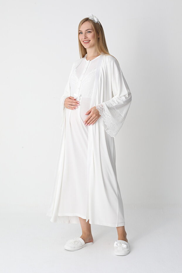 Long Sleeve Maternity Nightgown Set with Lace Detail, Suitable for Breastfeeding