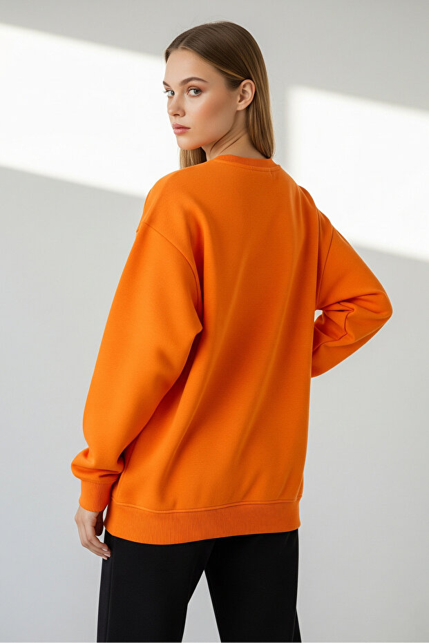 Kadın Oversize Bisiklet Yaka Basic Sweatshirt TURUNCU - 6