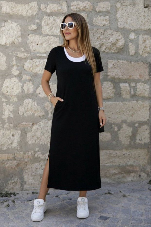 Women's Viscose Dress with Slit Detail and Crew Neckline, Athlete-Look Style