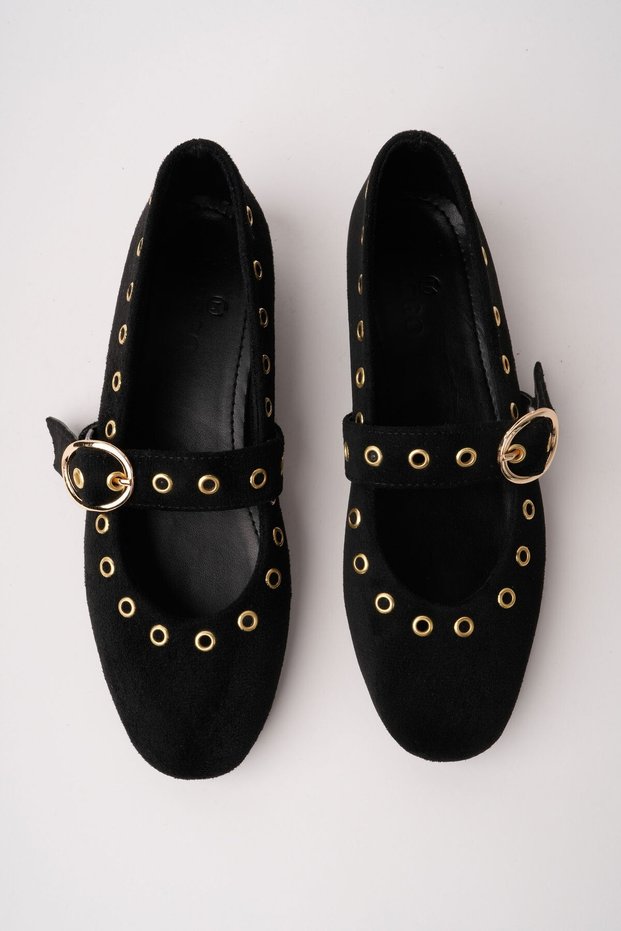Zena Gold Buckle Studded Leather Women's Ballerina Shoes