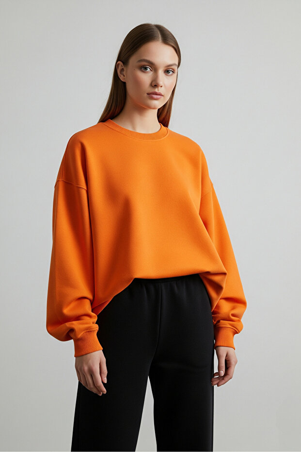 Kadın Oversize Bisiklet Yaka Basic Sweatshirt TURUNCU - 2