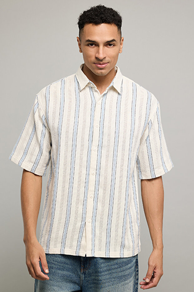Striped Shirt With Classic Collar And Short Sleeves