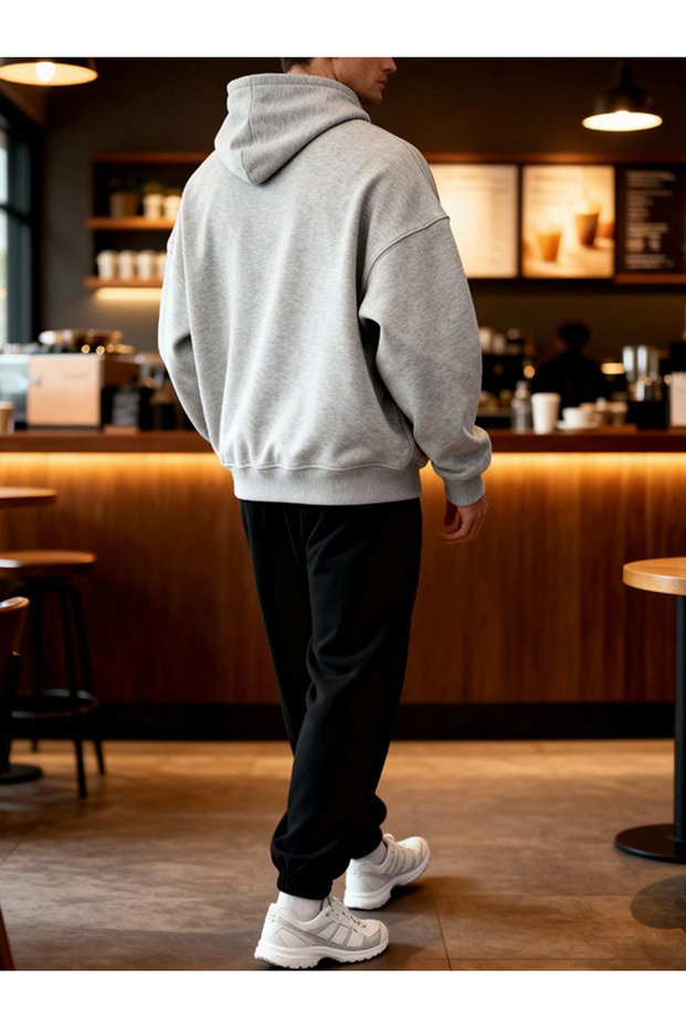 Livo Gray Oversize Hooded Sweatshirt & Black Jogger Sweatpants Set Casual Sports Combination
