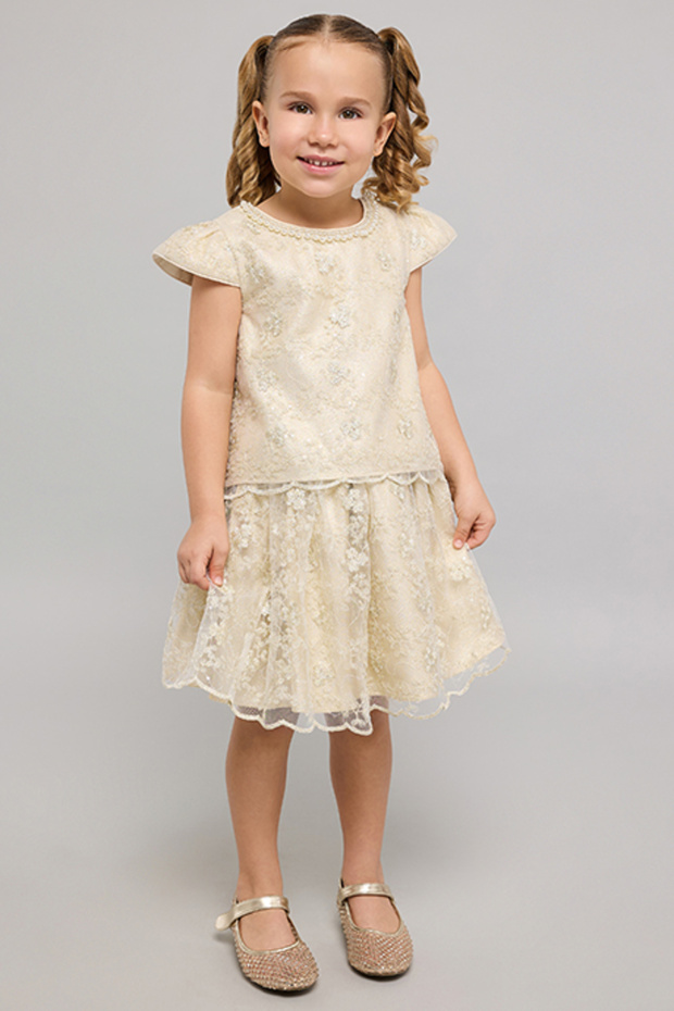 Girl'S Beige Embroiderd Top And Skirt Set
