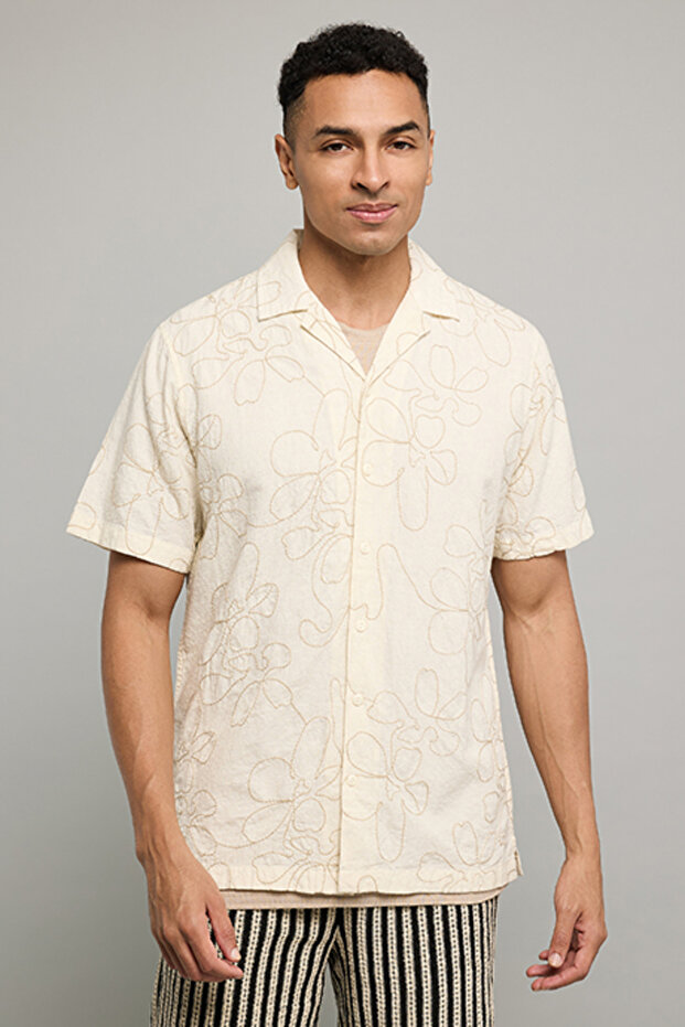 Embroidered Shirt With Revere Collar And Short Sleeves