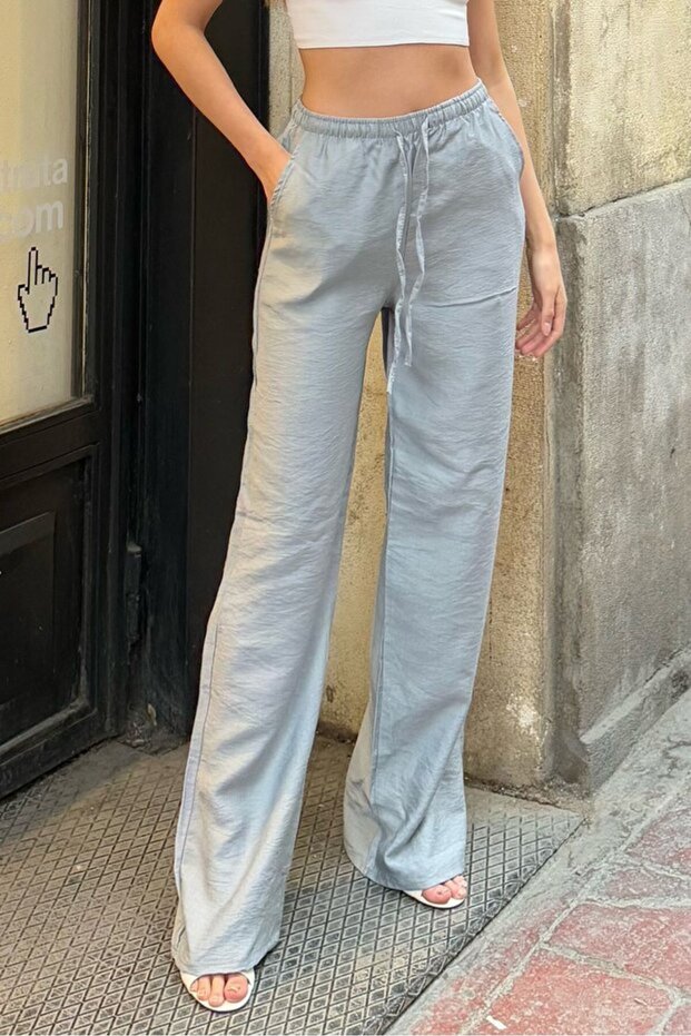 Women's Gray Linen Blend High Waist Elastic Waist Loose Cut Trousers