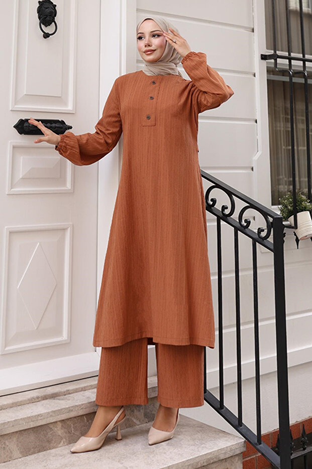 Buttoned Hijab Suit Taba Msv10358