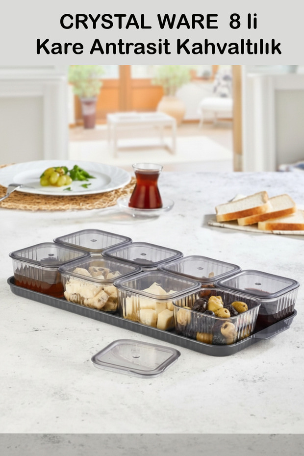 8-Piece Square Anthracite Breakfast Set, Serving Tray 8 * 300 ml F604