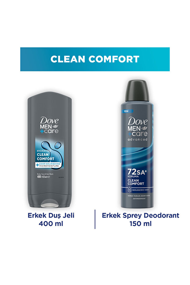Dove Men +Care Erkek Deodorant Clean Comfort 72 Saat Koruma 150 ml + Clean Comfort Duş Jeli 400 ml