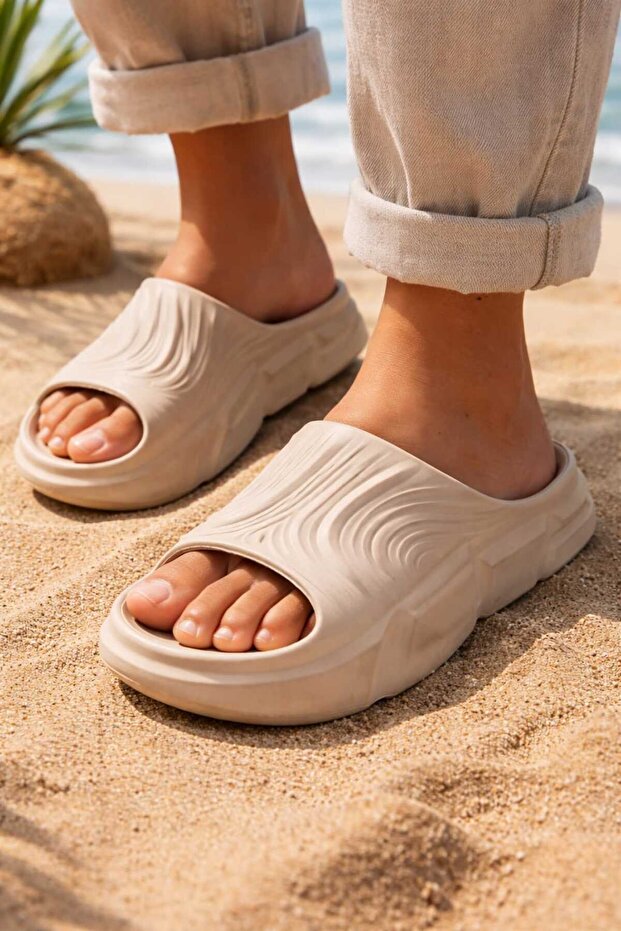 Bej Platform Heel Comfortable Sole Men's Home Street and Wet Floor Slippers