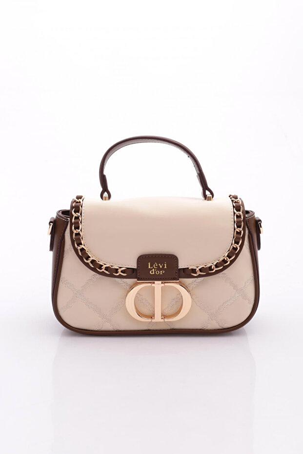 Quilted Embroidery and Chain Knit Detail Long Strap Medium Size Women's Hand and Shoulder Bag Lv930582 Cream