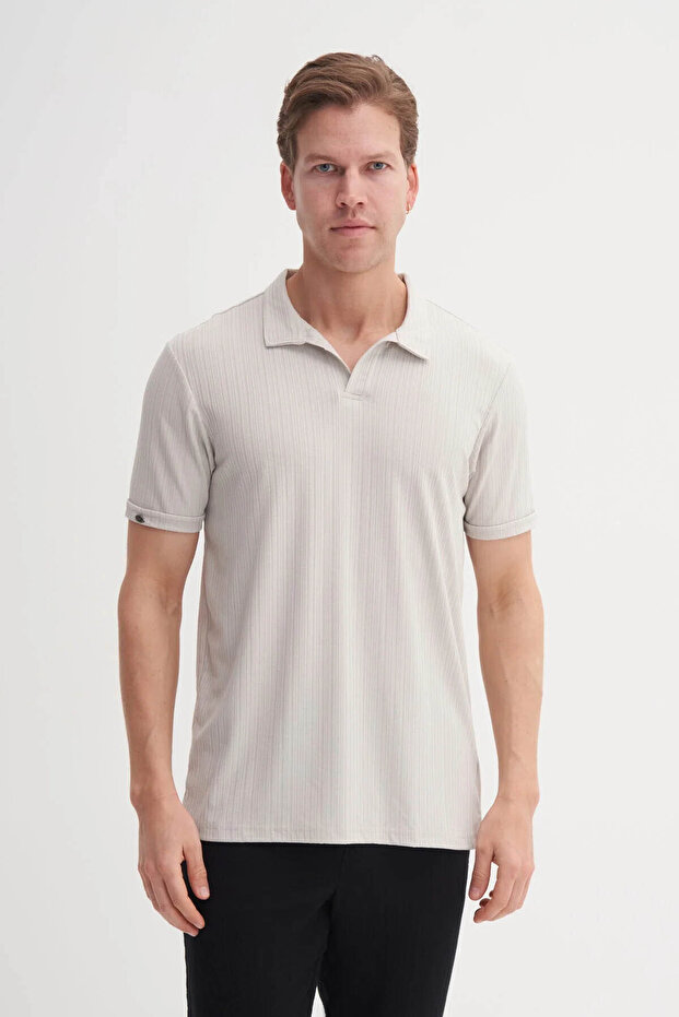 Regular Fit Knitted Textured Light Gray Men's Polo Neck T-Shirt 42040