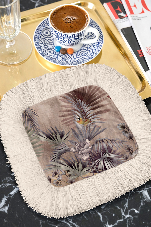 Tropical Luxury Fringed Decorative Fabric Napkin - Vintage Bohemian Beige Coaster Tissue with Birds