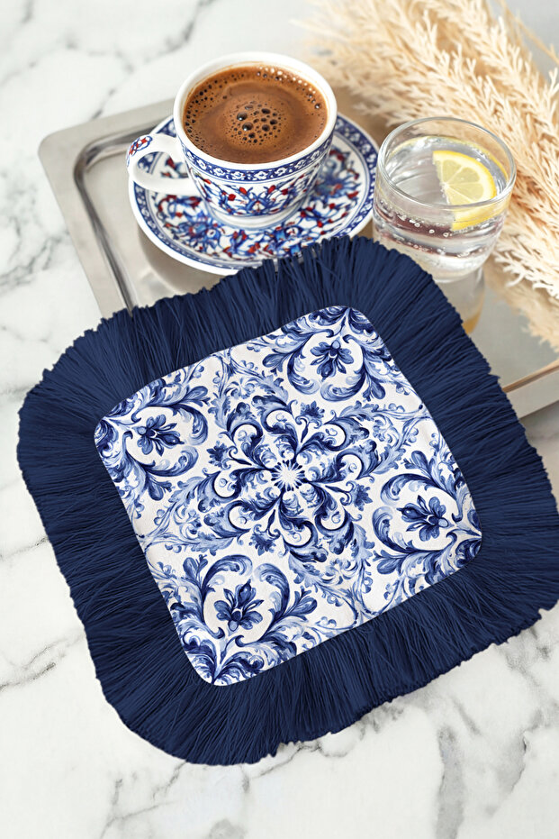 Baroque Stylish Fringed Presentation Decoration Handkerchief - Elegant Blue Mediterranean Style Navy Blue Fringed Coffee Napkin