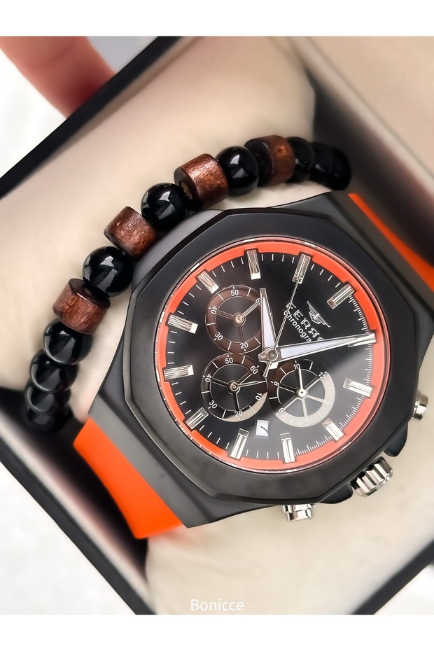 Sports Men's Wristwatch, Functions Active, Orange Silicone Cord, in Stylish Box +Bracelet
