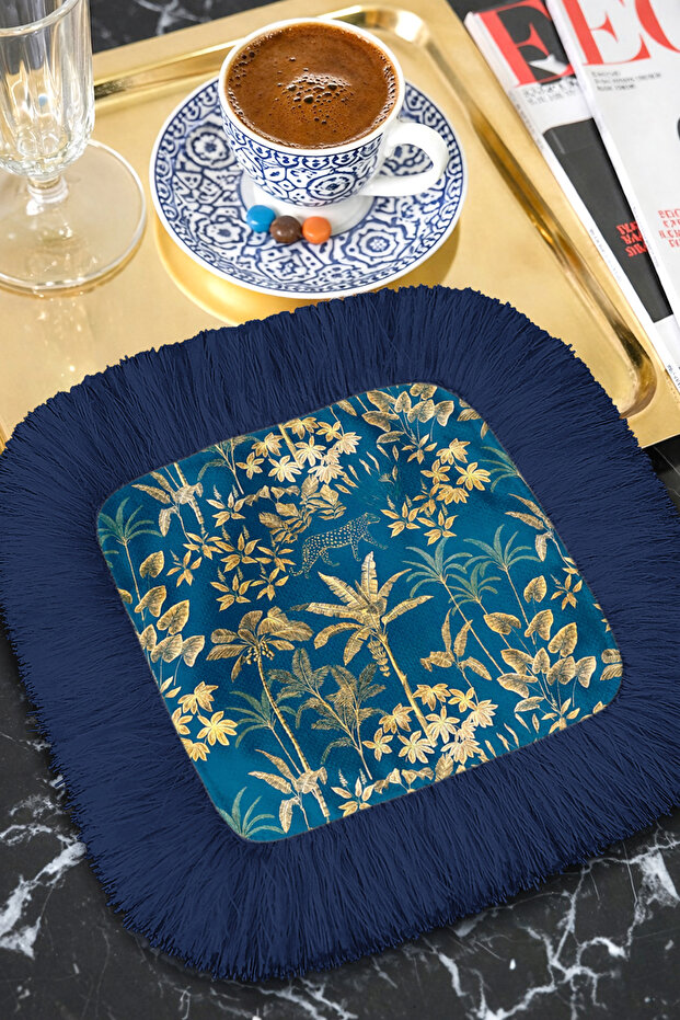 Luxurious Tropical Jungle Fringed Presentation Napkin - Exotic Charm Bohemian Navy Blue Coaster Tissue