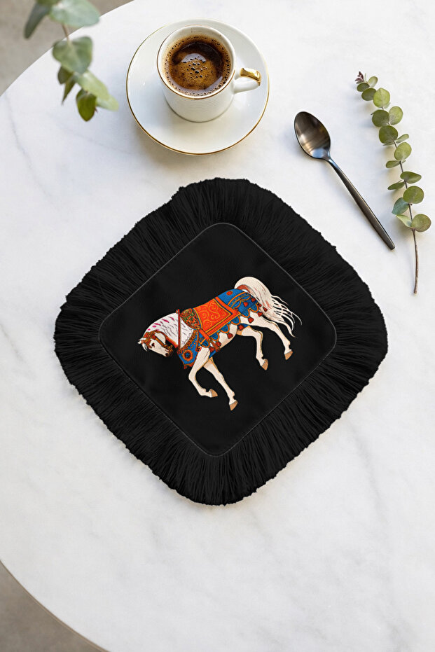 Oriental Horse Motif Luxury Fringed Presentation Napkin - Ethnic Feast Black Blue Coaster Serving Napkin