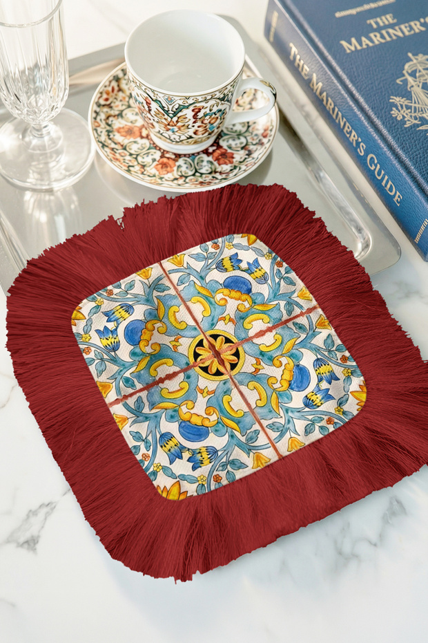 Italian Roman Patterned Fringed Presentation Napkin - Mediterranean Bohemian Blue Yellow Red Coaster Napkin