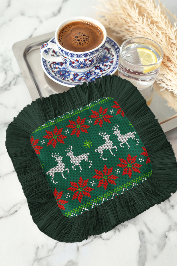 Nordic Deer Christmas Fringed Presentation Napkin - Winter Themed Rustic Dark Green Coffee Side Presentation Napkin