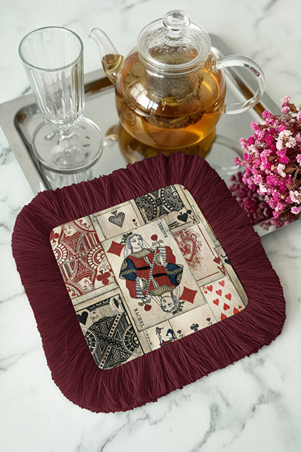 Royal Motif Fringed Serving Cocktail Napkin - Retro Classic Burgundy Rustic Coaster Tissue