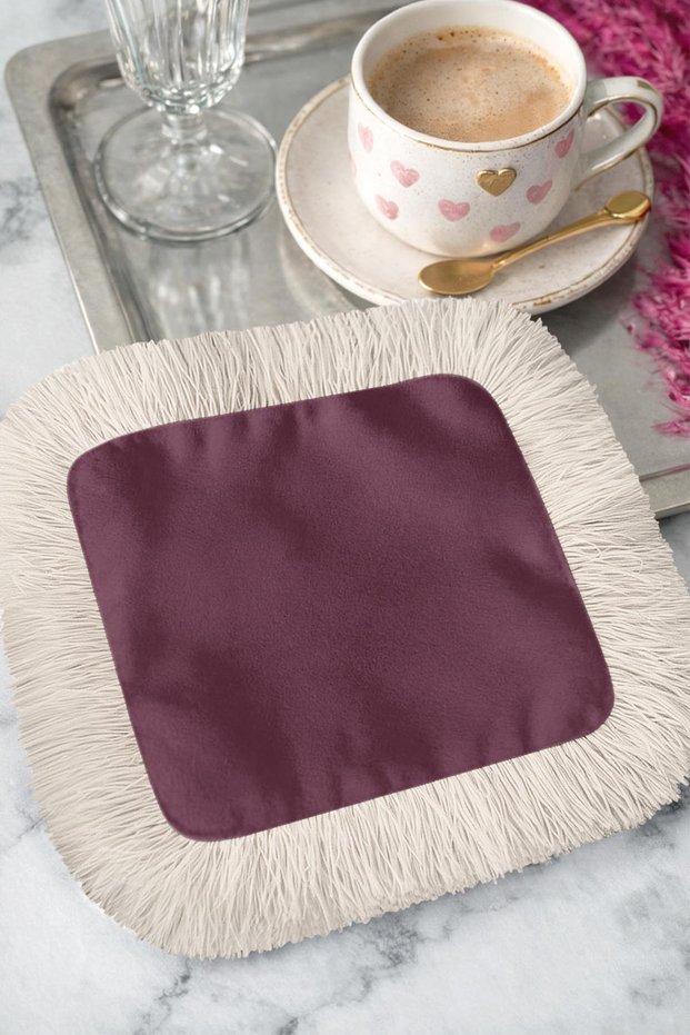 Elegant Cherry Color Fringed Presentation Napkin - Simple Bohemian Cream Burgundy Designed Coaster Napkin