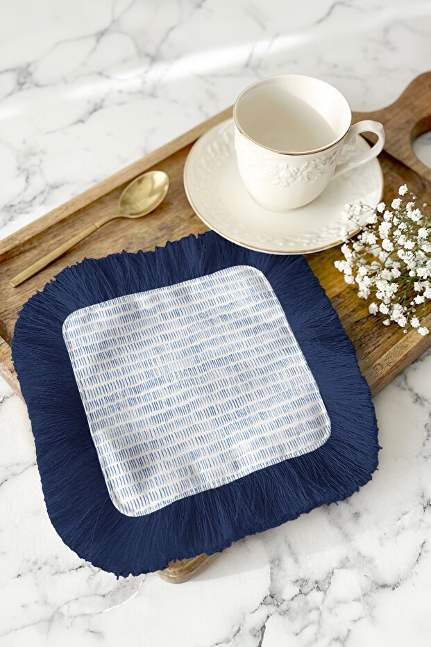 Elegant Modern Striped Fringed Presentation Napkin - Minimal Aegean Coastal Navy Blue Coffee Side Presentation Napkin