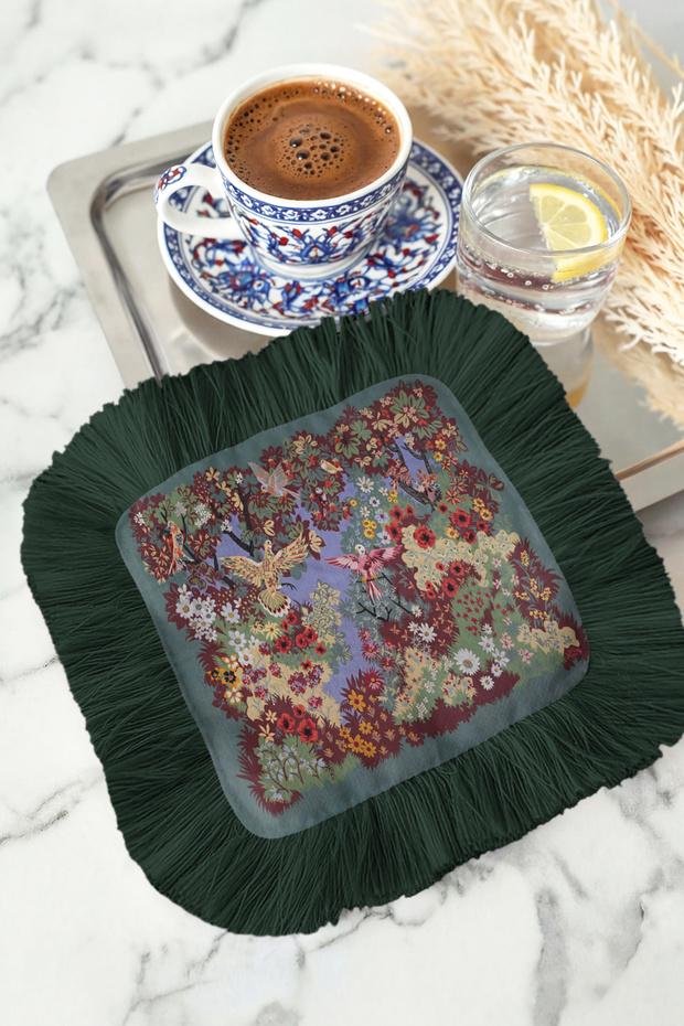 Luxury Bird Flower Garden Fringed Presentation Napkin - Return to Nature Bohemian Forest Green Coaster Tissue