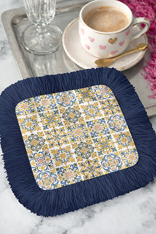 Palace Splendor Fringed Presentation Napkin-Majolik Motif Mediterranean Classic Navy Blue Coaster Tissue