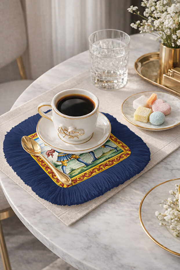 Medieval Knight Motif Fringed Presentation Decoration Handkerchief-Retro Palace Style Navy Blue Coffee Side Napkin